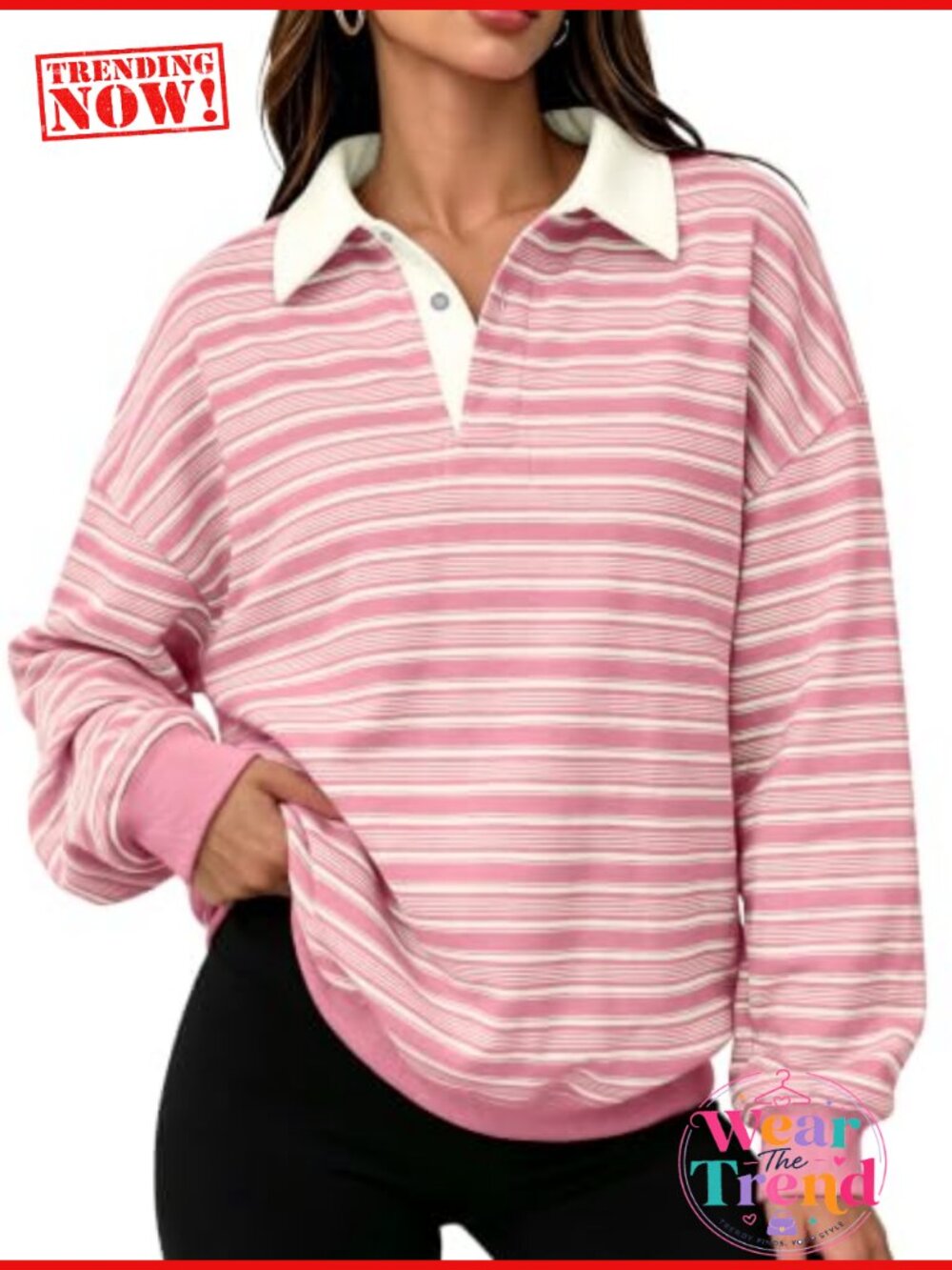 Oversized Polo Neck Striped Rugby Sweatshirt Button Up Y2k Fall